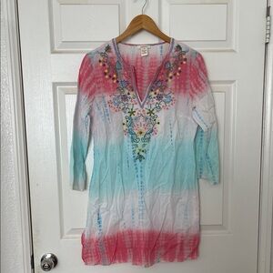 Sundance boho embroidered beaded sequin pastel long sleeve dress M